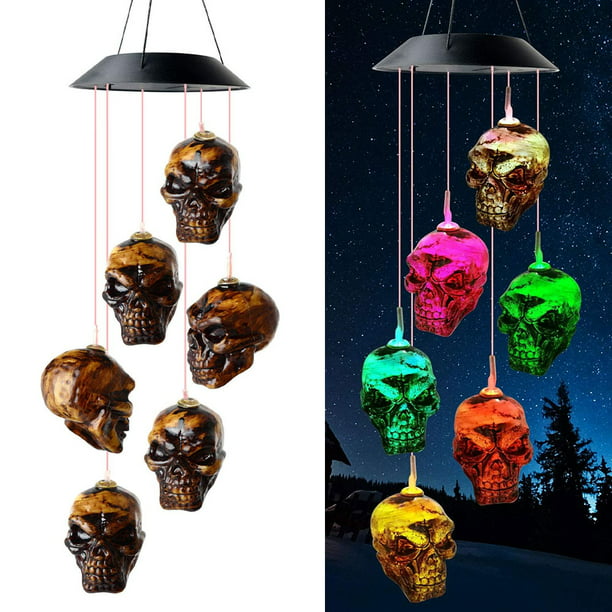 Solar LED Color Changing Lamp Skull Wind Chime Light Halloween Garden Decor 